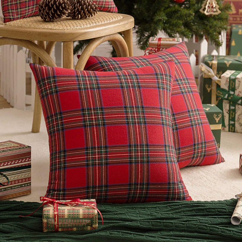 AQOTHES Pack of 2 Christmas Plaid Decorative Throw Pillow Covers Scottish Tartan Cushion Case for Farmhouse Home Holiday Decor Red and Green  20 x 20 Inches - Image 2